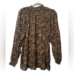 Beachlunchlounge‎ Romantic Smock Neck Black Gold Floral Blouse Large Feminine